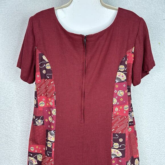 Island Attitudes L Red Patchwork Dress Fans Parasol Flora Linen Cotton Hawaii - Picture 9 of 12